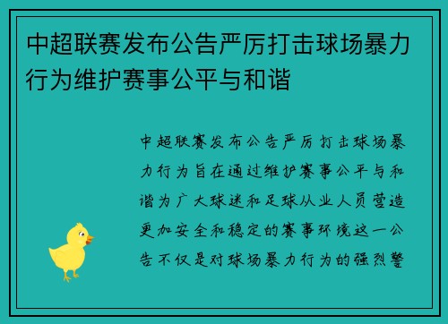中超联赛发布公告严厉打击球场暴力行为维护赛事公平与和谐